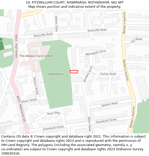 10, FITZWILLIAM COURT, RAWMARSH, ROTHERHAM, S62 6FF: Location map and indicative extent of plot