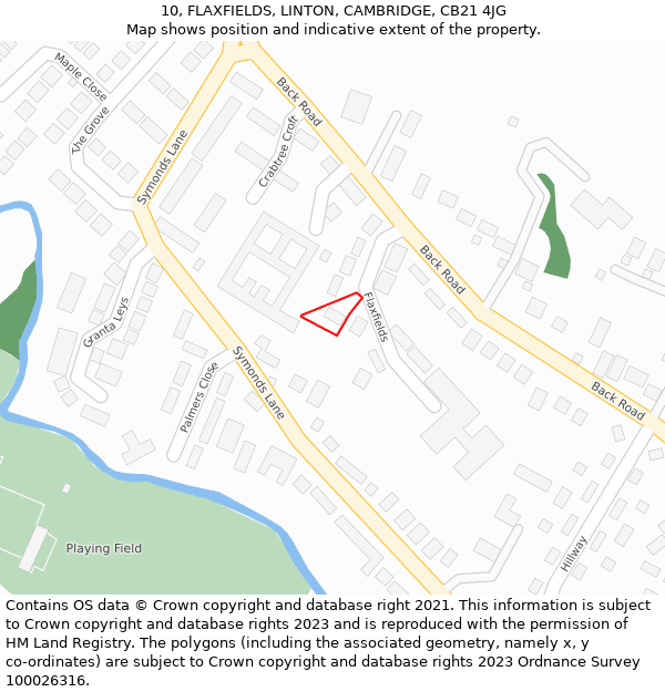 10, FLAXFIELDS, LINTON, CAMBRIDGE, CB21 4JG: Location map and indicative extent of plot