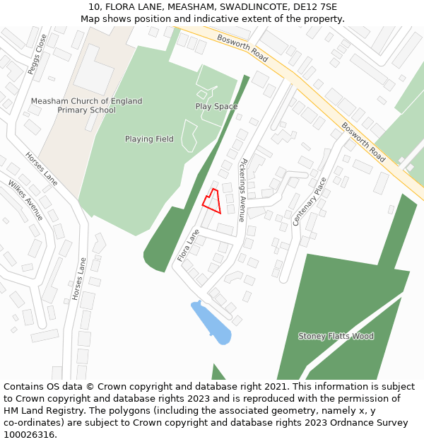 10, FLORA LANE, MEASHAM, SWADLINCOTE, DE12 7SE: Location map and indicative extent of plot