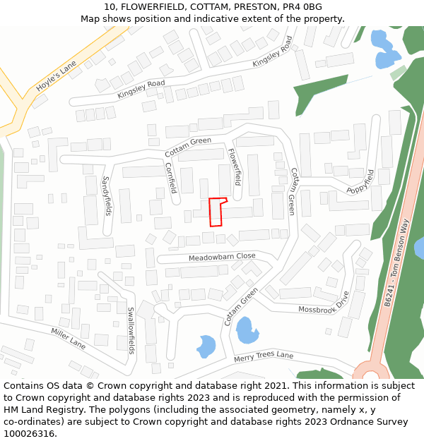 10, FLOWERFIELD, COTTAM, PRESTON, PR4 0BG: Location map and indicative extent of plot