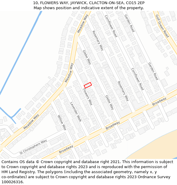 10, FLOWERS WAY, JAYWICK, CLACTON-ON-SEA, CO15 2EP: Location map and indicative extent of plot