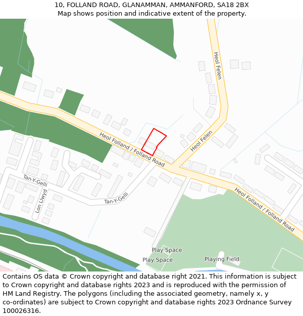 10, FOLLAND ROAD, GLANAMMAN, AMMANFORD, SA18 2BX: Location map and indicative extent of plot