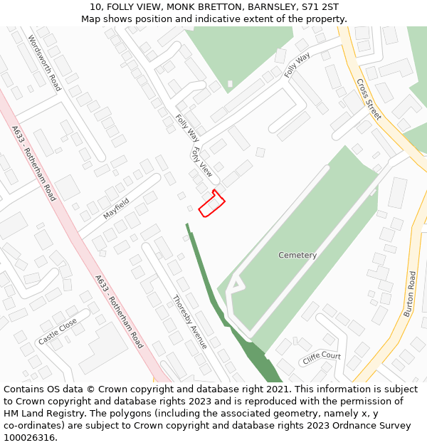 10, FOLLY VIEW, MONK BRETTON, BARNSLEY, S71 2ST: Location map and indicative extent of plot