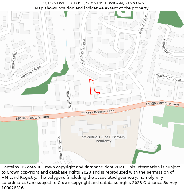 10, FONTWELL CLOSE, STANDISH, WIGAN, WN6 0XS: Location map and indicative extent of plot