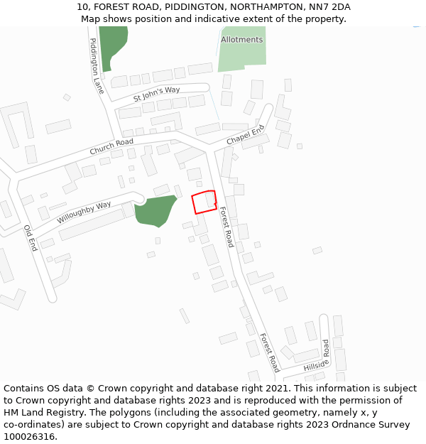 10, FOREST ROAD, PIDDINGTON, NORTHAMPTON, NN7 2DA: Location map and indicative extent of plot