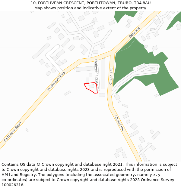 10, FORTHVEAN CRESCENT, PORTHTOWAN, TRURO, TR4 8AU: Location map and indicative extent of plot