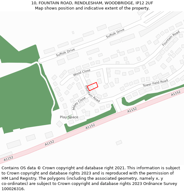 10, FOUNTAIN ROAD, RENDLESHAM, WOODBRIDGE, IP12 2UF: Location map and indicative extent of plot