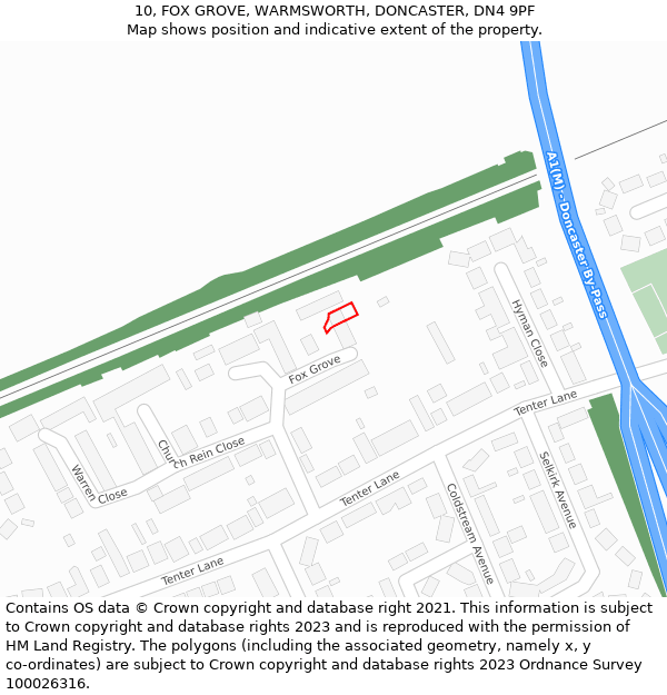 10, FOX GROVE, WARMSWORTH, DONCASTER, DN4 9PF: Location map and indicative extent of plot