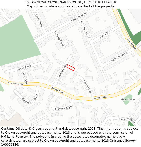 10, FOXGLOVE CLOSE, NARBOROUGH, LEICESTER, LE19 3ER: Location map and indicative extent of plot