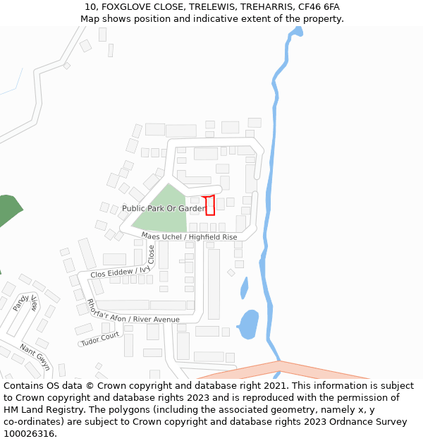 10, FOXGLOVE CLOSE, TRELEWIS, TREHARRIS, CF46 6FA: Location map and indicative extent of plot