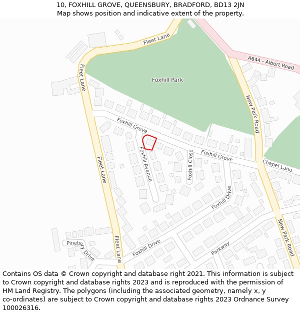 10, FOXHILL GROVE, QUEENSBURY, BRADFORD, BD13 2JN: Location map and indicative extent of plot