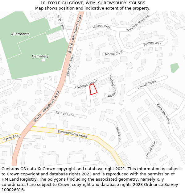 10, FOXLEIGH GROVE, WEM, SHREWSBURY, SY4 5BS: Location map and indicative extent of plot