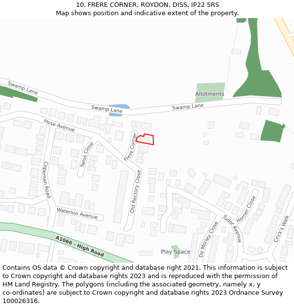 10, FRERE CORNER, ROYDON, DISS, IP22 5RS: Location map and indicative extent of plot