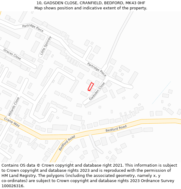 10, GADSDEN CLOSE, CRANFIELD, BEDFORD, MK43 0HF: Location map and indicative extent of plot