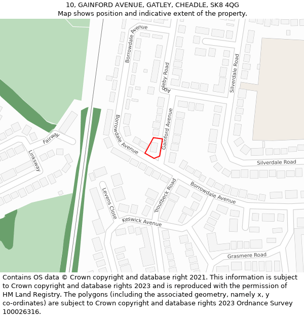 10, GAINFORD AVENUE, GATLEY, CHEADLE, SK8 4QG: Location map and indicative extent of plot