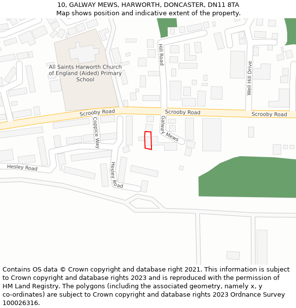 10, GALWAY MEWS, HARWORTH, DONCASTER, DN11 8TA: Location map and indicative extent of plot