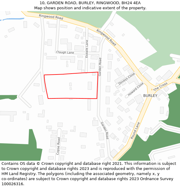 10, GARDEN ROAD, BURLEY, RINGWOOD, BH24 4EA: Location map and indicative extent of plot