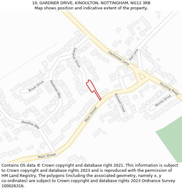 10, GARDNER DRIVE, KINOULTON, NOTTINGHAM, NG12 3RB: Location map and indicative extent of plot