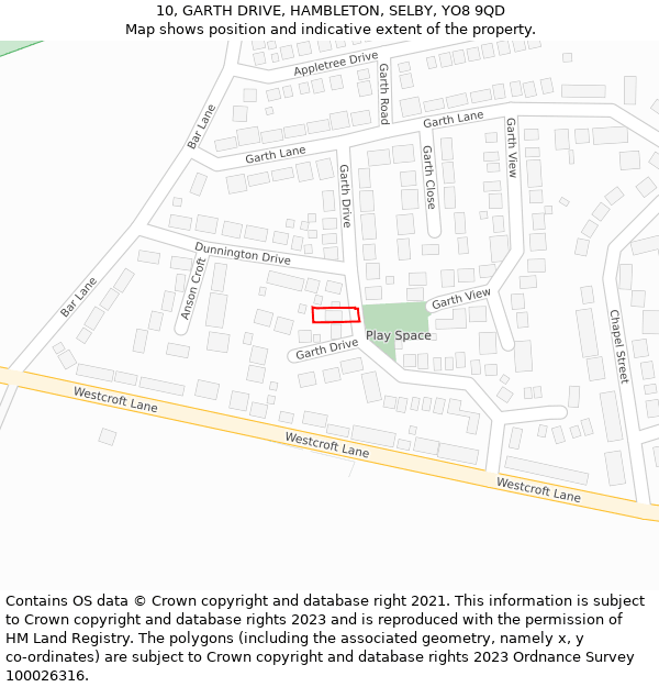 10, GARTH DRIVE, HAMBLETON, SELBY, YO8 9QD: Location map and indicative extent of plot