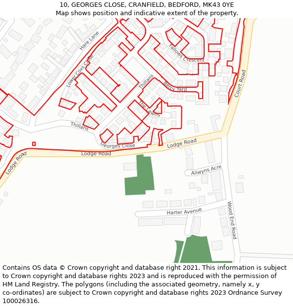 10, GEORGES CLOSE, CRANFIELD, BEDFORD, MK43 0YE: Location map and indicative extent of plot