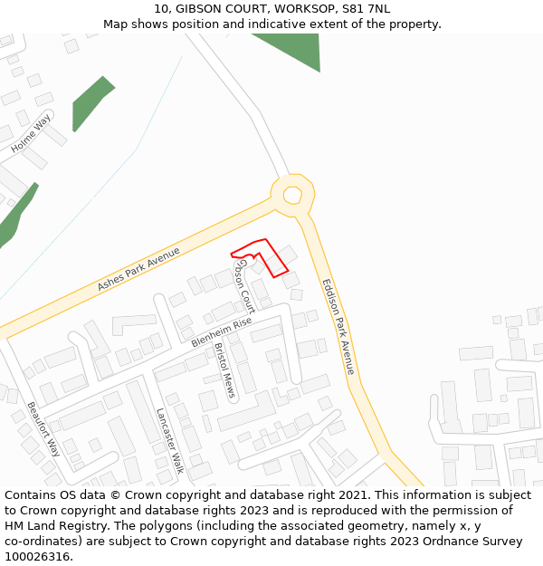 10, GIBSON COURT, WORKSOP, S81 7NL: Location map and indicative extent of plot