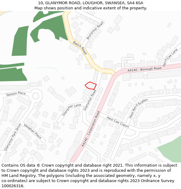 10, GLANYMOR ROAD, LOUGHOR, SWANSEA, SA4 6SA: Location map and indicative extent of plot