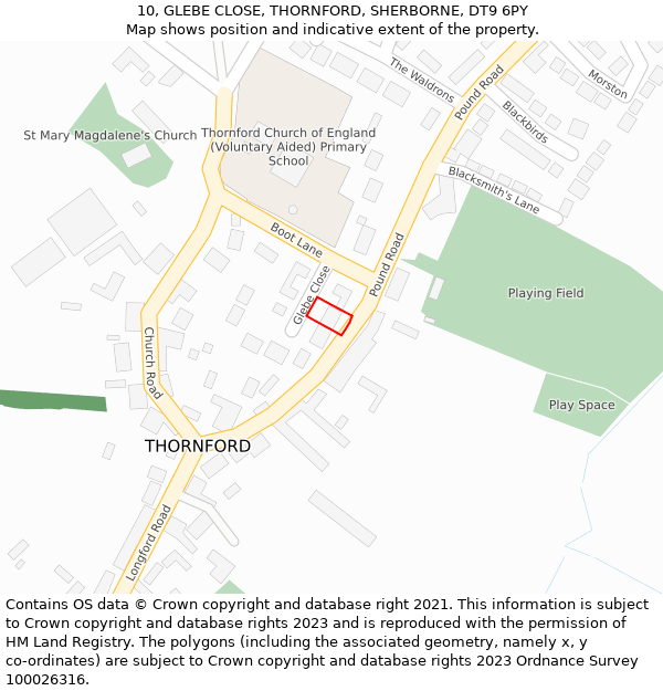 10, GLEBE CLOSE, THORNFORD, SHERBORNE, DT9 6PY: Location map and indicative extent of plot