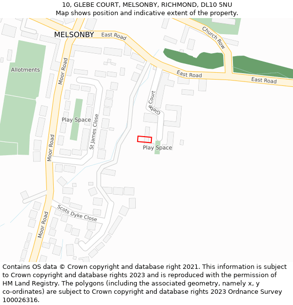 10, GLEBE COURT, MELSONBY, RICHMOND, DL10 5NU: Location map and indicative extent of plot