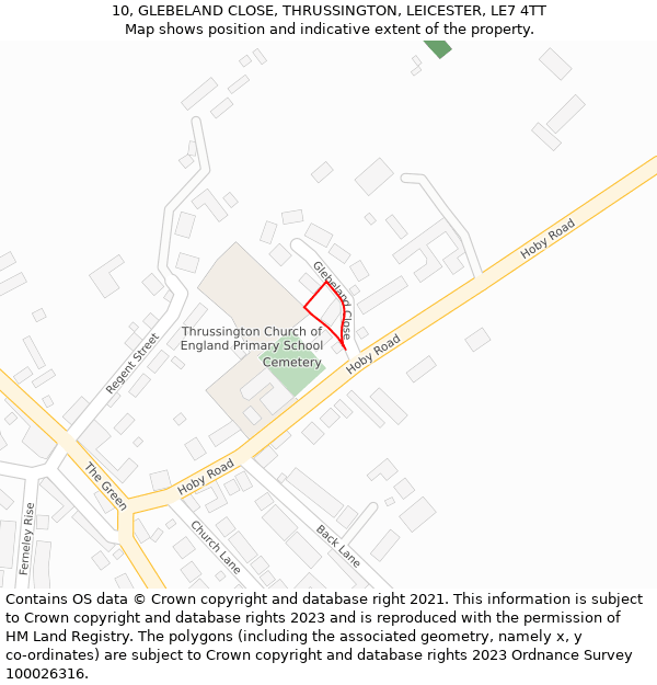 10, GLEBELAND CLOSE, THRUSSINGTON, LEICESTER, LE7 4TT: Location map and indicative extent of plot