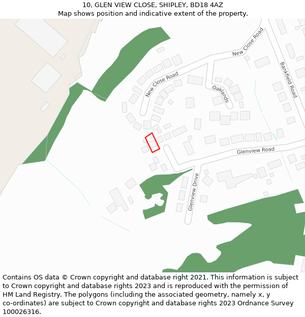 10, GLEN VIEW CLOSE, SHIPLEY, BD18 4AZ: Location map and indicative extent of plot