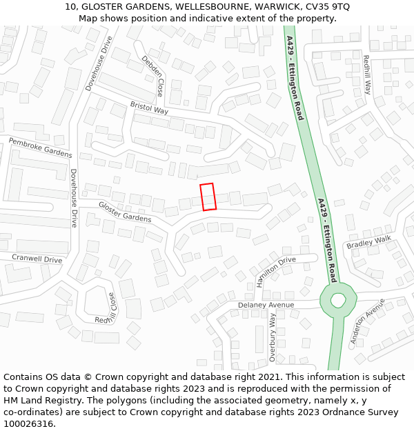 10, GLOSTER GARDENS, WELLESBOURNE, WARWICK, CV35 9TQ: Location map and indicative extent of plot