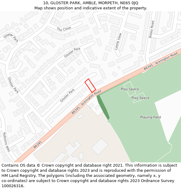 10, GLOSTER PARK, AMBLE, MORPETH, NE65 0JQ: Location map and indicative extent of plot