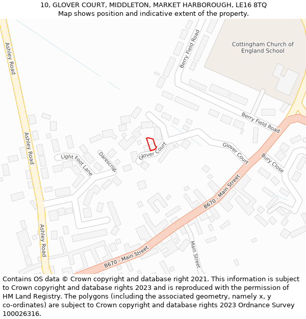 10, GLOVER COURT, MIDDLETON, MARKET HARBOROUGH, LE16 8TQ: Location map and indicative extent of plot