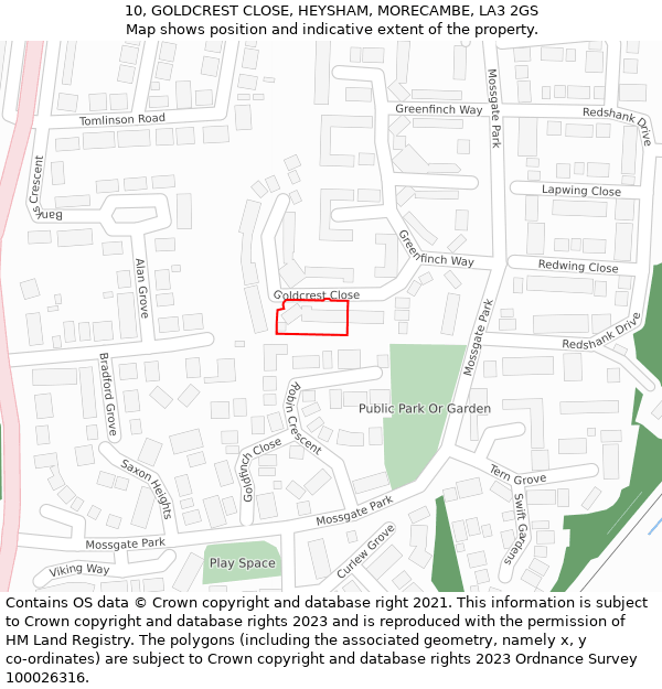 10, GOLDCREST CLOSE, HEYSHAM, MORECAMBE, LA3 2GS: Location map and indicative extent of plot