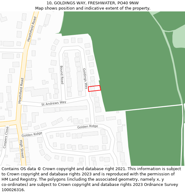 10, GOLDINGS WAY, FRESHWATER, PO40 9NW: Location map and indicative extent of plot