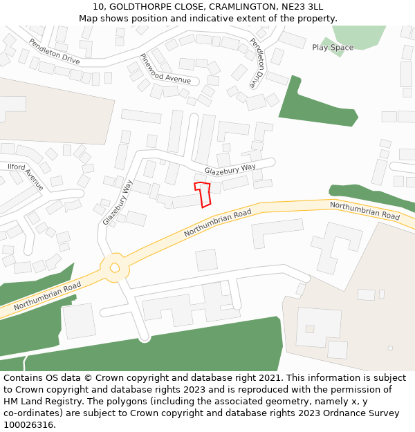 10, GOLDTHORPE CLOSE, CRAMLINGTON, NE23 3LL: Location map and indicative extent of plot