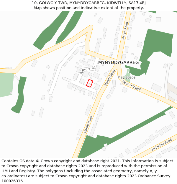 10, GOLWG Y TWR, MYNYDDYGARREG, KIDWELLY, SA17 4RJ: Location map and indicative extent of plot