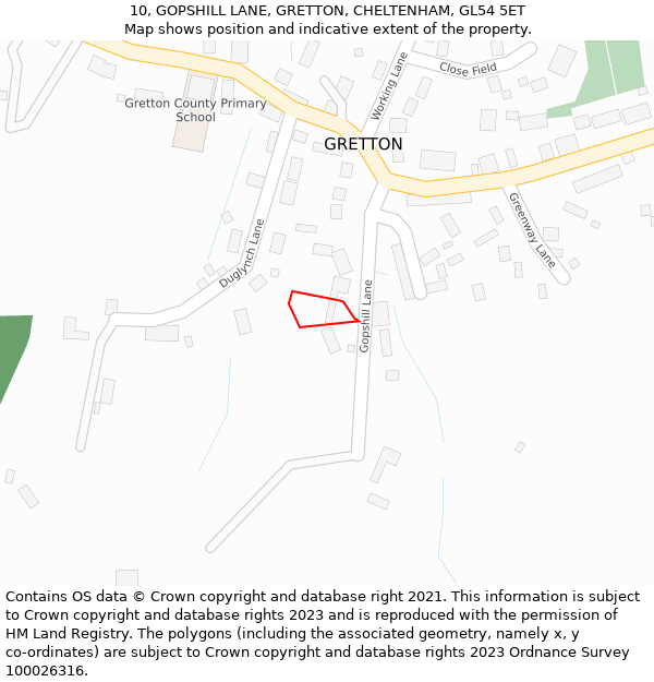 10, GOPSHILL LANE, GRETTON, CHELTENHAM, GL54 5ET: Location map and indicative extent of plot