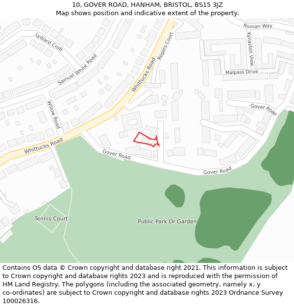 10, GOVER ROAD, HANHAM, BRISTOL, BS15 3JZ: Location map and indicative extent of plot