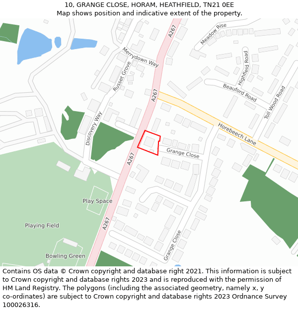 10, GRANGE CLOSE, HORAM, HEATHFIELD, TN21 0EE: Location map and indicative extent of plot