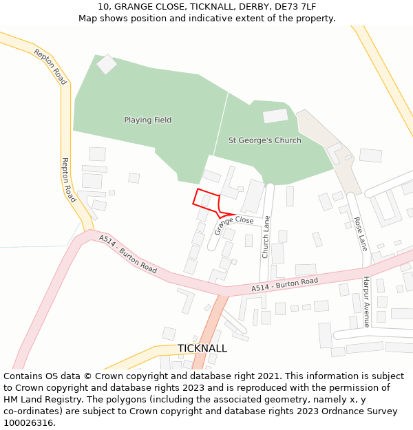 10, GRANGE CLOSE, TICKNALL, DERBY, DE73 7LF: Location map and indicative extent of plot