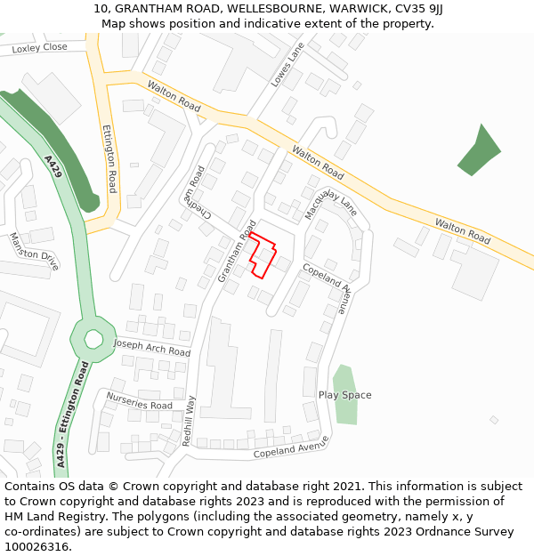 10, GRANTHAM ROAD, WELLESBOURNE, WARWICK, CV35 9JJ: Location map and indicative extent of plot