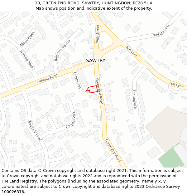 10, GREEN END ROAD, SAWTRY, HUNTINGDON, PE28 5UX: Location map and indicative extent of plot