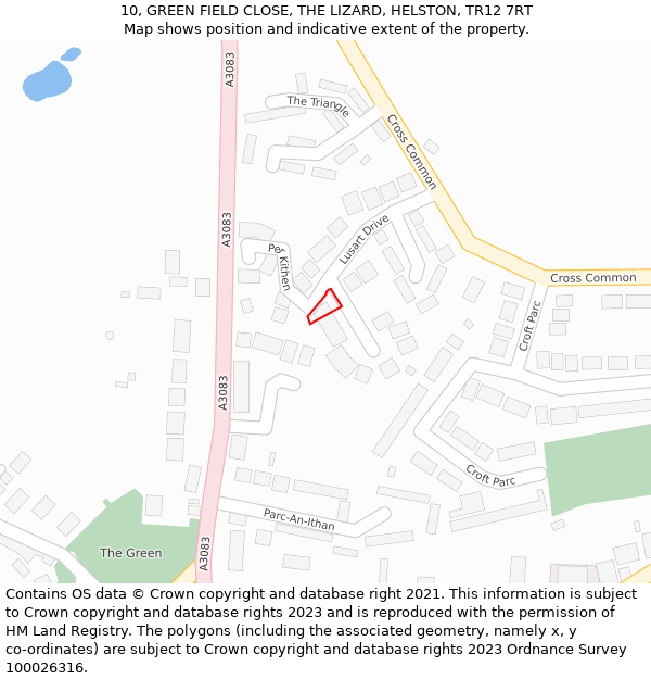 10, GREEN FIELD CLOSE, THE LIZARD, HELSTON, TR12 7RT: Location map and indicative extent of plot