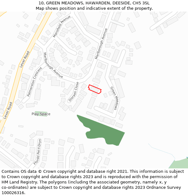 10, GREEN MEADOWS, HAWARDEN, DEESIDE, CH5 3SL: Location map and indicative extent of plot