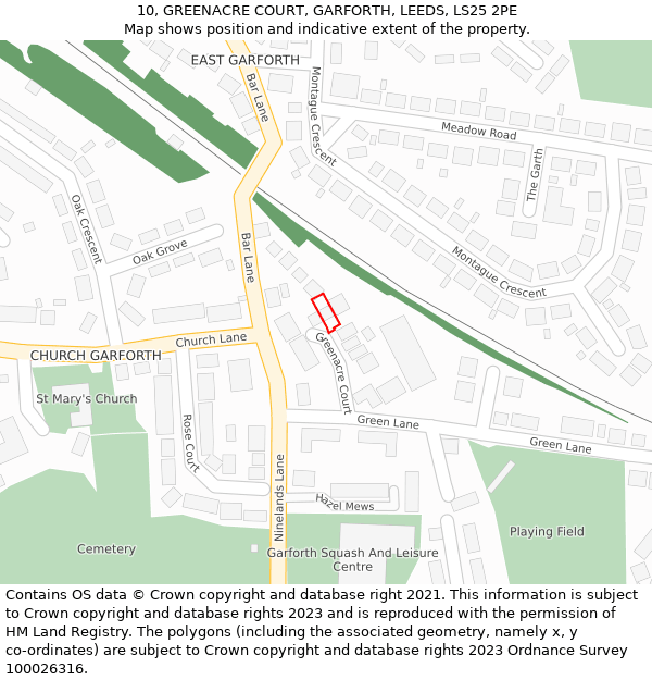 10, GREENACRE COURT, GARFORTH, LEEDS, LS25 2PE: Location map and indicative extent of plot