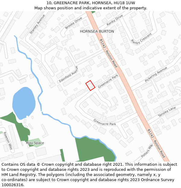 10, GREENACRE PARK, HORNSEA, HU18 1UW: Location map and indicative extent of plot