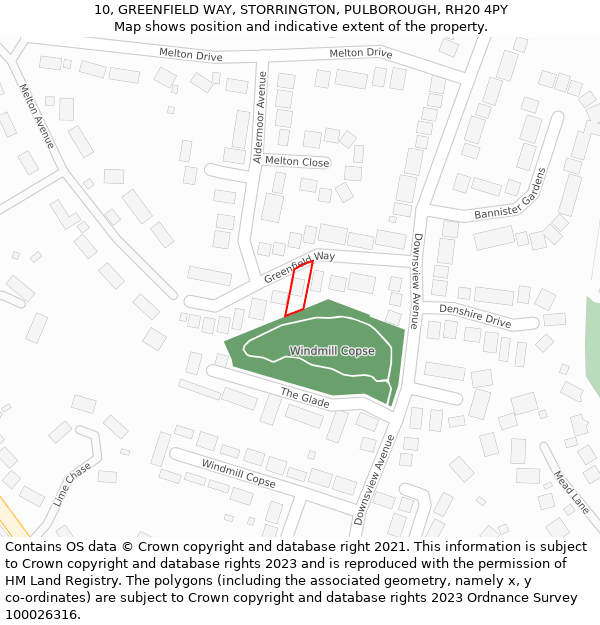 10, GREENFIELD WAY, STORRINGTON, PULBOROUGH, RH20 4PY: Location map and indicative extent of plot