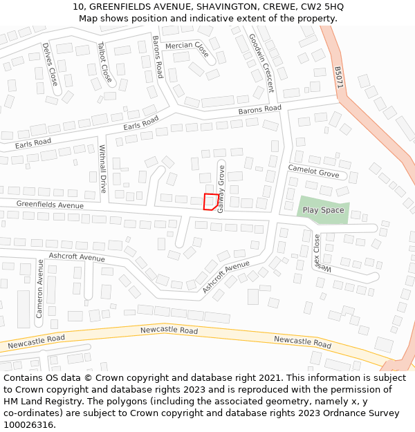 10, GREENFIELDS AVENUE, SHAVINGTON, CREWE, CW2 5HQ: Location map and indicative extent of plot