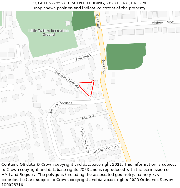 10, GREENWAYS CRESCENT, FERRING, WORTHING, BN12 5EF: Location map and indicative extent of plot